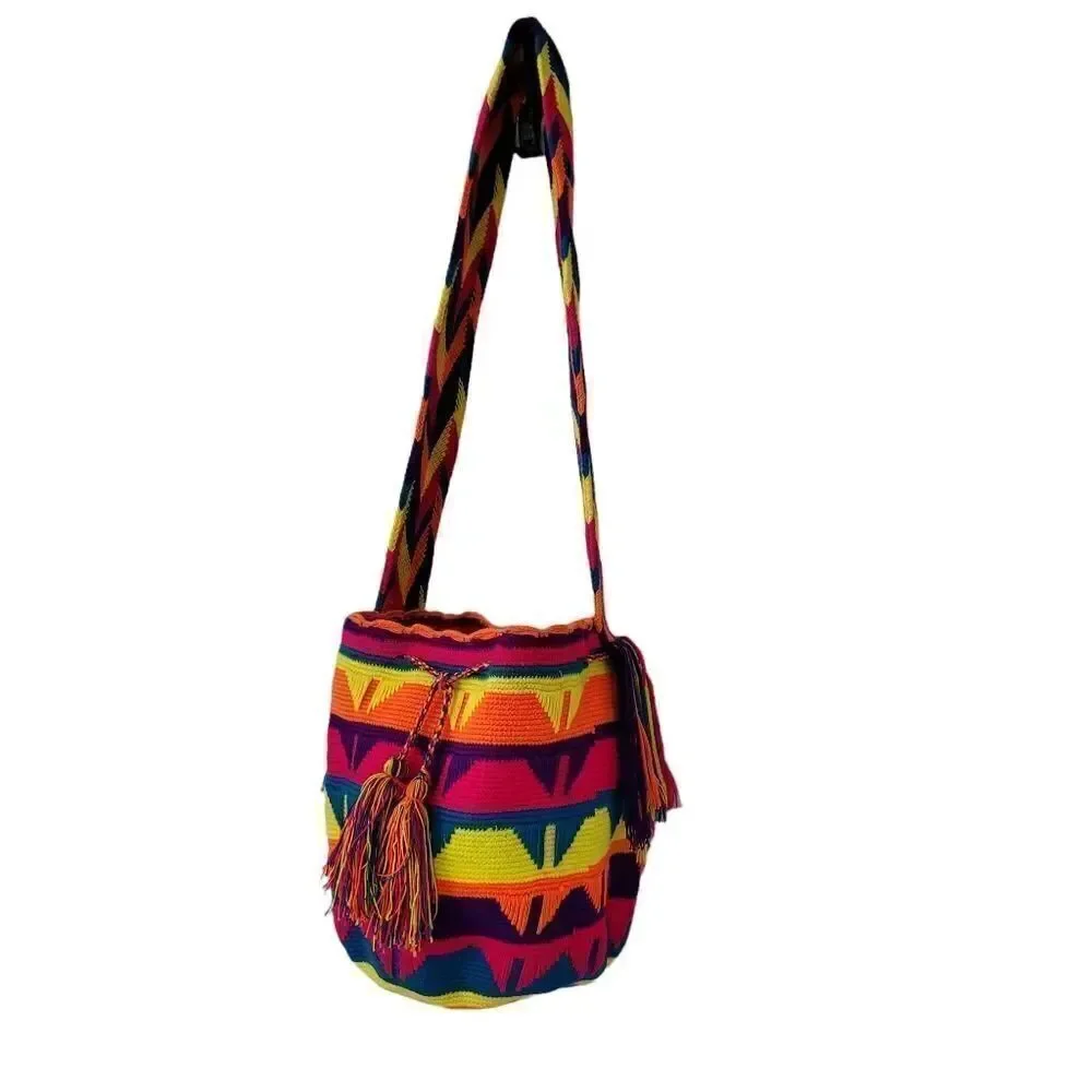 Colombia Wayuu Tribe Hand Knitted Mochila Fringe Bucket Bag